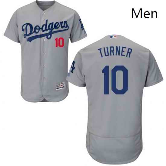 Mens Majestic Los Angeles Dodgers 10 Justin Turner Gray Alternate Road Flexbase Collection 2018 World Series Jersey